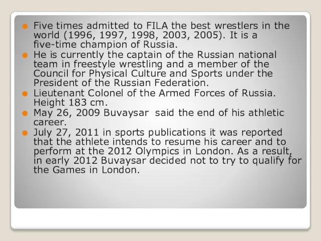 Five times admitted to FILA the best wrestlers in the world
