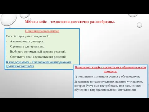 Методы кейс – технологии достаточно разнообразны. Потенциал метода кейсов Способствует развитию