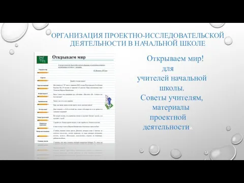 ОРГАНИЗАЦИЯ ПРОЕКТНО-ИССЛЕДОВАТЕЛЬСКОЙ ДЕЯТЕЛЬНОСТИ В НАЧАЛЬНОЙ ШКОЛЕ «»»2»»Открываем мир! для учителей начальной