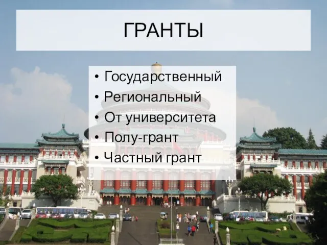 ГРАНТЫ Государственный Региональный От университета Полу-грант Частный грант