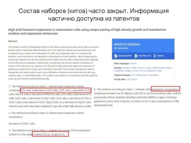 Состав наборов (китов) часто закрыт. Информация частично доступна из патентов