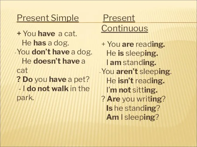 Present Simple + You have a cat. He has a dog.