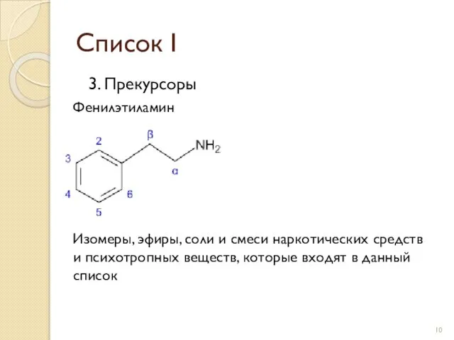 Список I 3. Прекурсоры Фенилэтиламин Изомеры, эфиры, соли и смеси наркотических