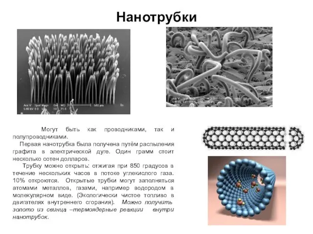 Нанотрубки Могут быть как проводниками, так и полупроводниками. Первая нанотрубка была