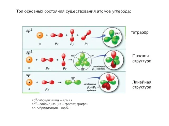 sp3-гибридизация – алмаз sp2—гибридизация – графит, графен sp-гибридизация - карбин Три