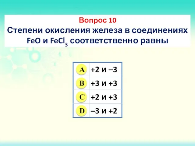 Вопрос 10 Степени окисления железа в соединениях FeO и FeCl3 соответственно равны