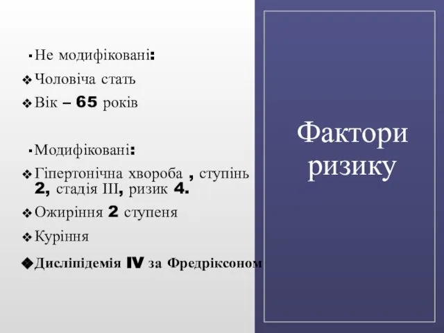 Фактори ризику Не модифіковані: Чоловіча стать Вік – 65 років Модифіковані: