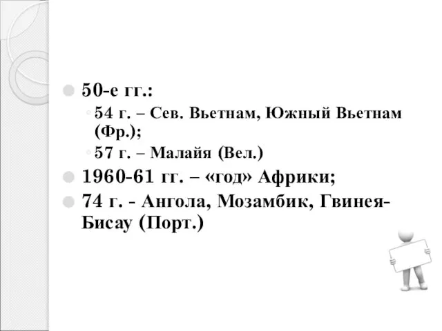 50-е гг.: 54 г. – Сев. Вьетнам, Южный Вьетнам (Фр.); 57