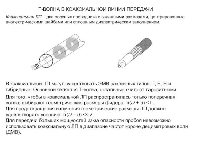 Т-ВОЛНА В КОАКСИАЛЬНОЙ ЛИНИИ ПЕРЕДАЧИ Коаксиальная ЛП – два соосных проводника