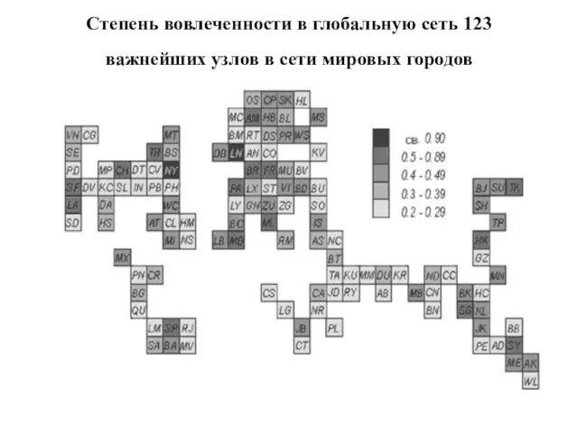 Степень вовлеченности в глобальную сеть 123 важнейших узлов в сети мировых городов