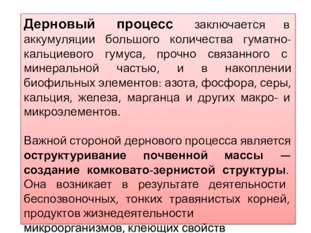 Дерновый процесс заключается в аккумуляции большого количества гуматно-кальциевого гумуса, прочно связанного