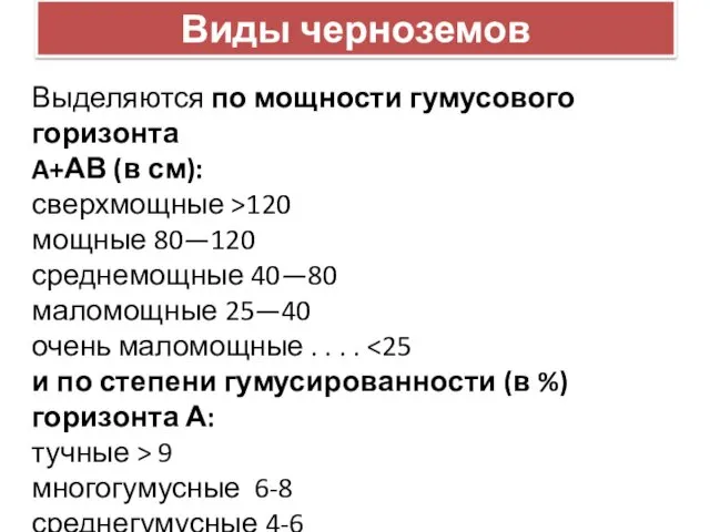 Виды черноземов Выделяются по мощности гумусового горизонта A+АВ (в см): сверхмощные