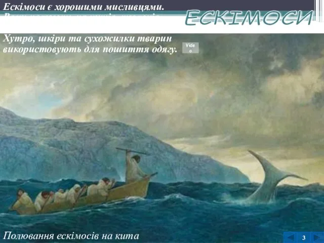 Полювання ескімосів на кита ЕСКІМОСИ 3 Ескімоси є хорошими мисливцями. Вони