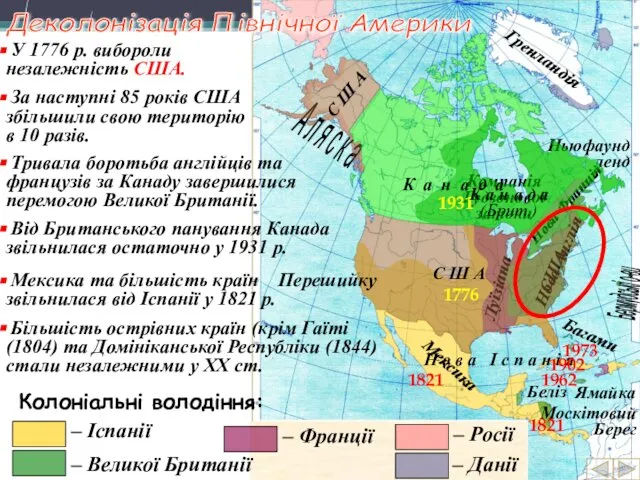 Колоніальні володіння: – Данії – Іспанії – Великої Британії – Росії