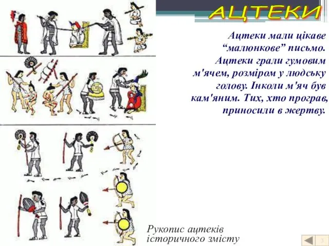 Рукопис ацтеків історичного змісту АЦТЕКИ 3 Ацтеки мали цікаве “малюнкове” письмо.