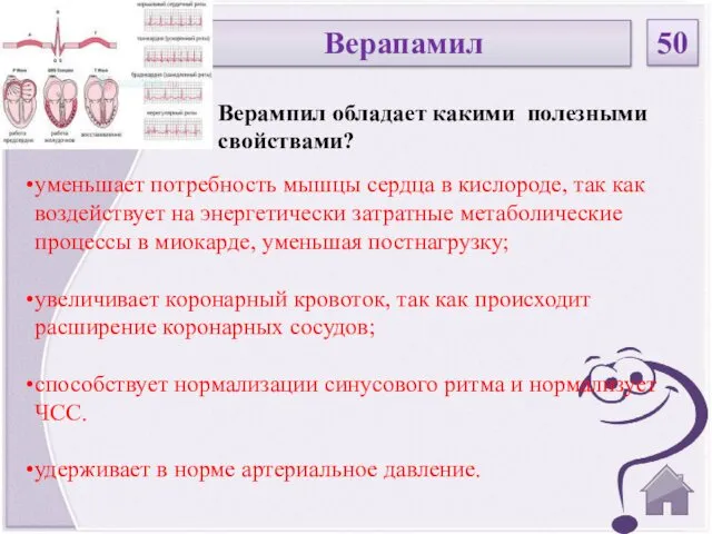 Верапамил 50 Верампил обладает какими полезными свойствами? уменьшает потребность мышцы сердца