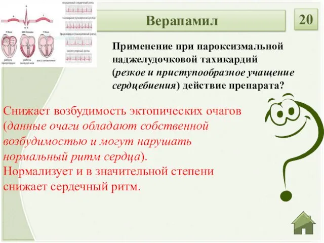 Верапамил 20 Применение при пароксизмальной наджелудочковой тахикардий (резкое и приступообразное учащение