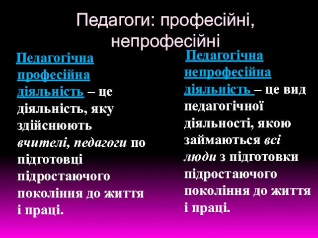 Педагоги: професійні, непрофесійні Педагогічна професійна діяльність – це діяльність, яку здійснюють