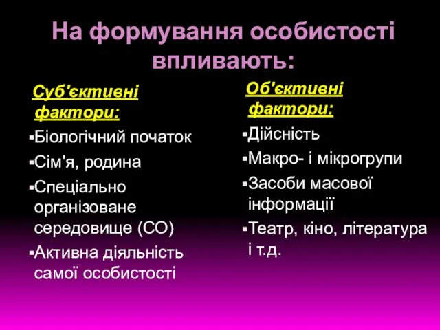 На формування особистості впливають: Суб'єктивні фактори: Біологічний початок Сім'я, родина Спеціально