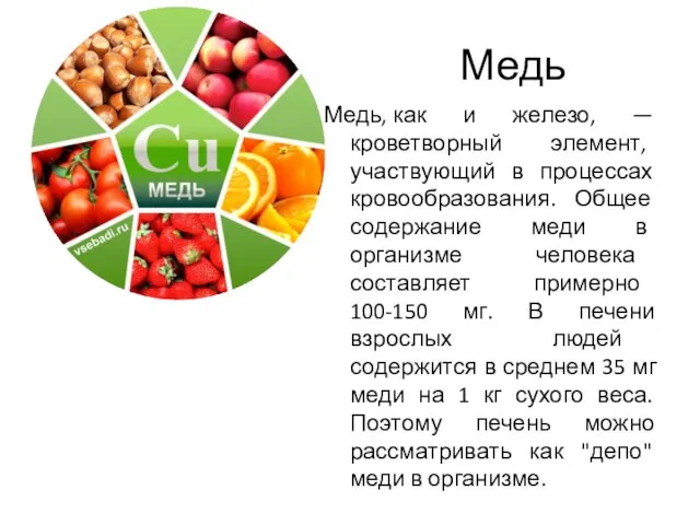 Медь Медь, как и железо, — кроветворный элемент, участвующий в процессах