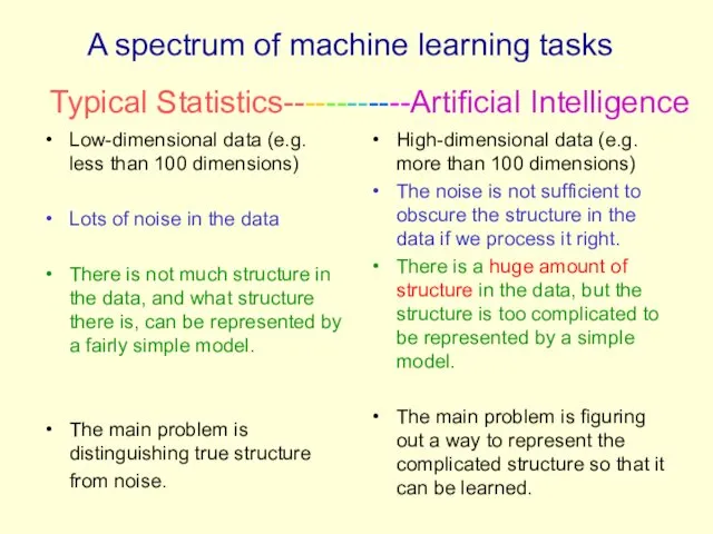 A spectrum of machine learning tasks Low-dimensional data (e.g. less than