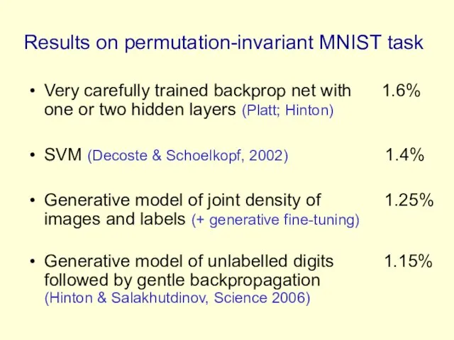 Results on permutation-invariant MNIST task Very carefully trained backprop net with