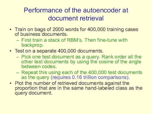 Performance of the autoencoder at document retrieval Train on bags of