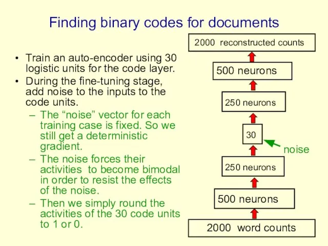 Finding binary codes for documents Train an auto-encoder using 30 logistic