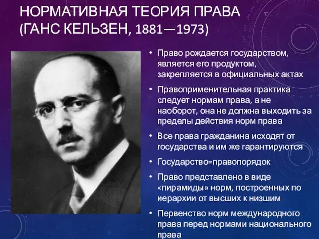 НОРМАТИВНАЯ ТЕОРИЯ ПРАВА (ГАНС КЕЛЬЗЕН, 1881—1973) Право рождается государством, является его