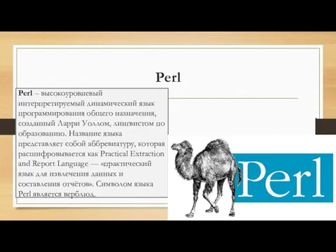 Perl Perl – высокоуровневый интерпретируемый динамический язык программирования общего назначения, созданный