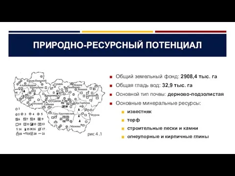 ПРИРОДНО-РЕСУРСНЫЙ ПОТЕНЦИАЛ Общий земельный фонд: 2908,4 тыс. га Общая гладь вод: