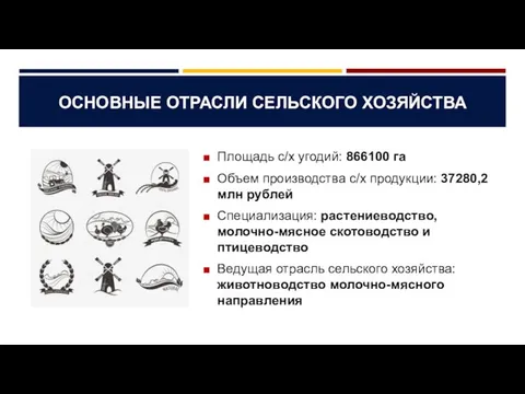 ОСНОВНЫЕ ОТРАСЛИ СЕЛЬСКОГО ХОЗЯЙСТВА Площадь с/х угодий: 866100 га Объем производства