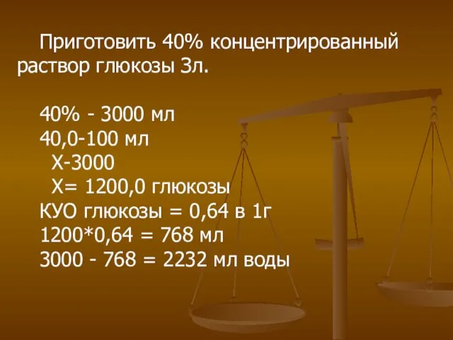 Приготовить 40% концентрированный раствор глюкозы Зл. 40% - 3000 мл 40,0-100