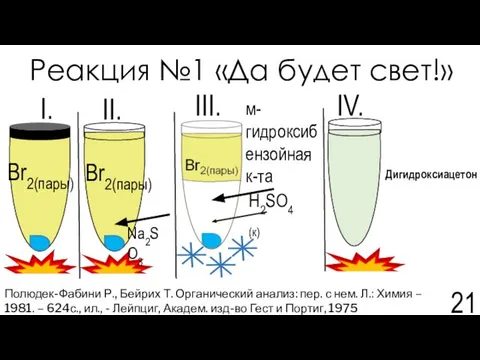 Реакция №1 «Да будет свет!» Дигидроксиацетон Полюдек-Фабини Р., Бейрих Т. Органический