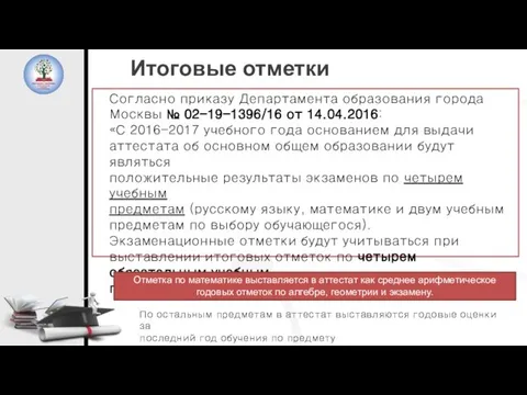 Итоговые отметки Согласно приказу Департамента образования города Москвы № 02-19-1396/16 от