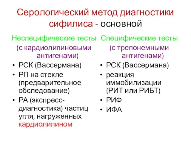 Серологический метод диагностики сифилиса - основной Неспецифические тесты (с кардиолипиновыми антигенами)