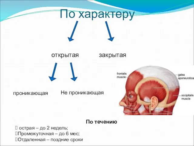 По характеру открытая закрытая проникающая Не проникающая По течению острая –