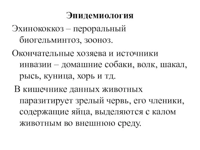 Эпидемиология Эхинококкоз – пероральный биогельминтоз, зооноз. Окончательные хозяева и источники инвазии