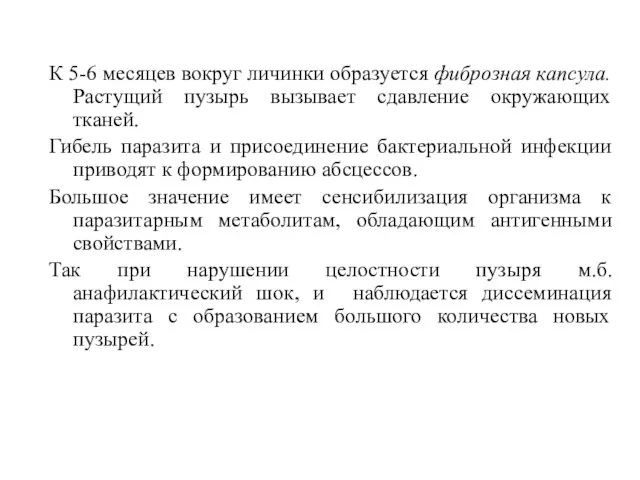 К 5-6 месяцев вокруг личинки образуется фиброзная капсула. Растущий пузырь вызывает