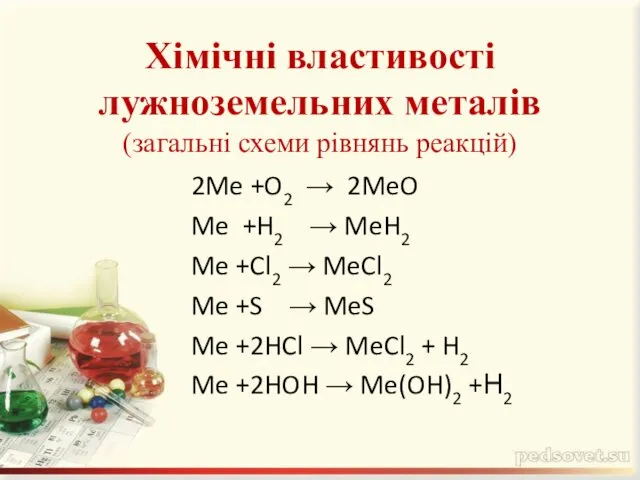 Хімічні властивості лужноземельних металів (загальні схеми рівнянь реакцій) 2Me +O2 →