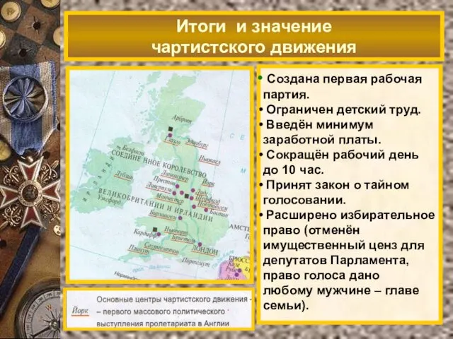 Итоги и значение чартистского движения Создана первая рабочая партия. Ограничен детский