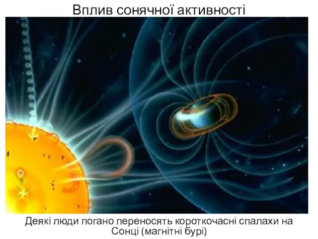 Вплив сонячної активності Деякі люди погано переносять короткочасні спалахи на Сонці (магнітні бурі)