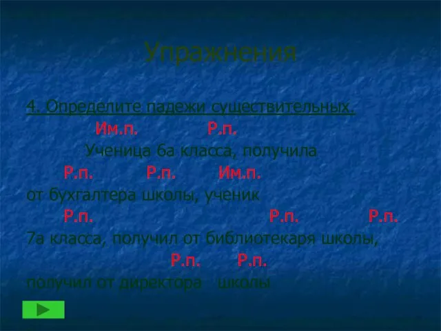 Упражнения 4. Определите падежи существительных. Им.п. Р.п. Ученица 6а класса, получила