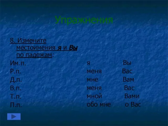 Упражнения 8. Измените местоимения я и Вы по падежам: Им.п. Р.п.