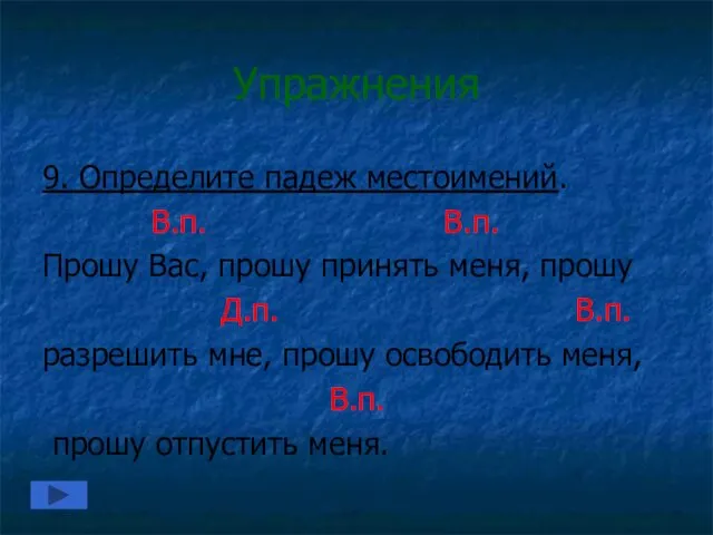 Упражнения 9. Определите падеж местоимений. В.п. В.п. Прошу Вас, прошу принять