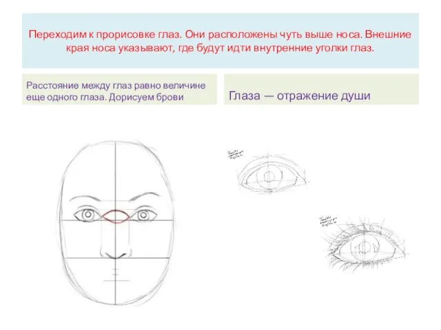 Переходим к прорисовке глаз. Они расположены чуть выше носа. Внешние края