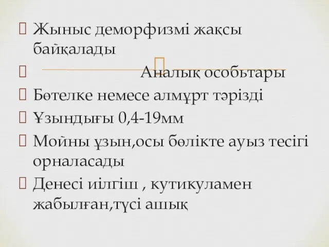 Жыныс деморфизмі жақсы байқалады Аналық особьтары Бөтелке немесе алмұрт тәрізді Ұзындығы