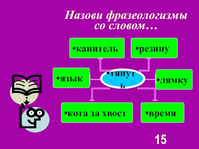 Назови фразеологизмы со словом… тянуть кота за хвост время резину канитель язык лямку