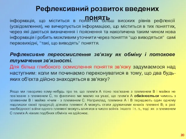 Рефлексивний розвиток введених понять інформація, що міститься в поняттях більш високих