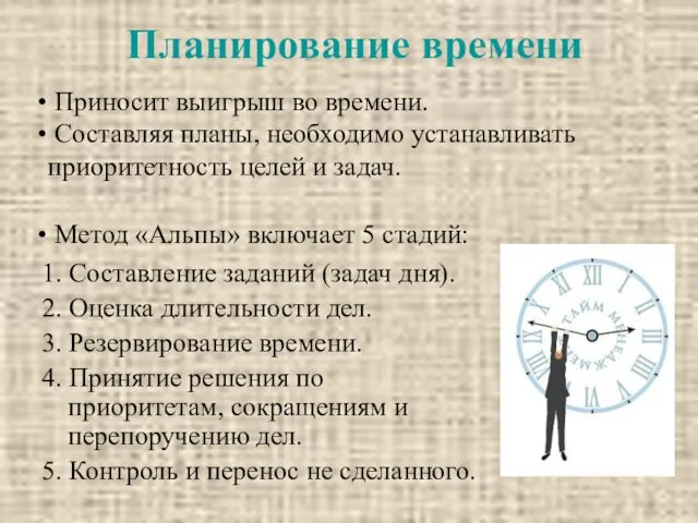 Планирование времени 1. Составление заданий (задач дня). 2. Оценка длительности дел.